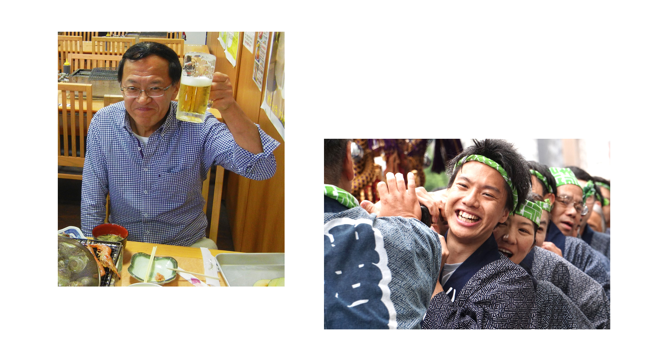 岩本町三丁目町会、通称「岩三」の笑顔（my people smiles）を紹介する画像です。画像の左側には「最高の笑顔で乾杯」の写真があります。岩本町三丁目町会の日帰りバス旅行の昼食のときに撮影しました。海鮮焼きと生ビールに大満足。mera）の写真があります。画像の右側には令和5年（2023年）の神田祭で岩本町三丁目町会の大神輿を担ぐ男性の最高の笑顔「」の写真が写っています。一緒に旅行に出かけたり、祭りで一緒に神輿を担いだり。町会活動は楽しい。町会に参加すると地元の知り合いが自然に増えていきます。